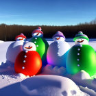 Vibrant snowmen with hats and scarves in snowy landscape