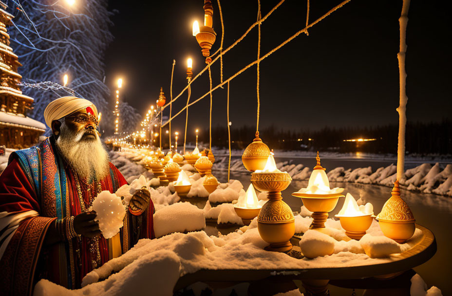 Elderly bearded man in traditional attire by glowing lamps and snowy background