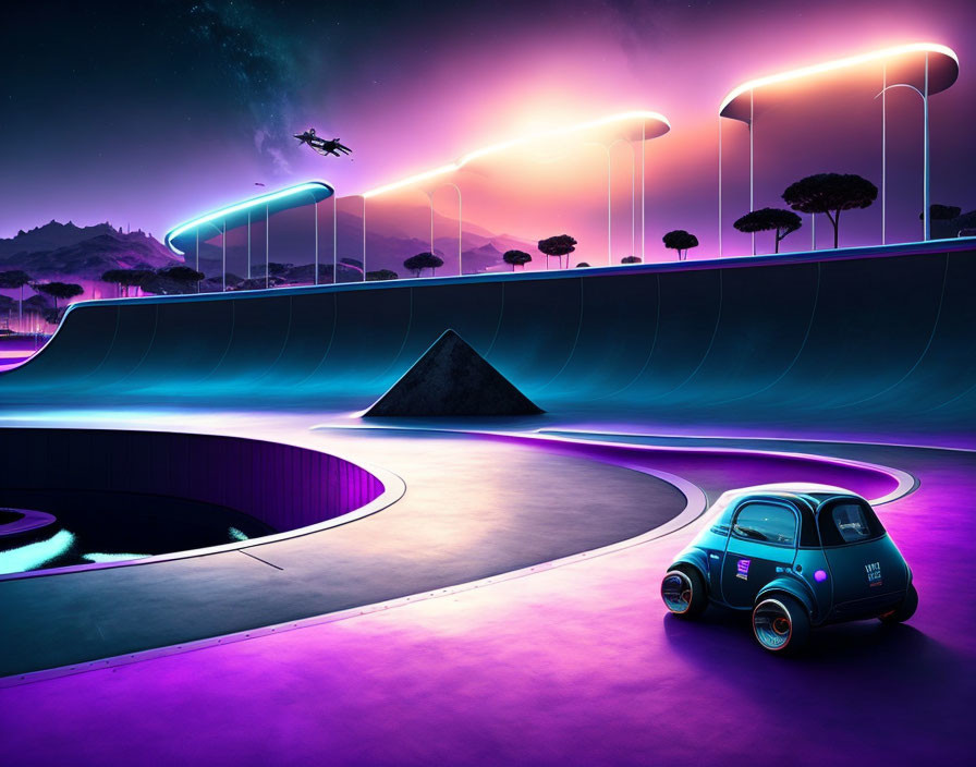 Neon-lit skate park with compact car and flying vehicle at twilight