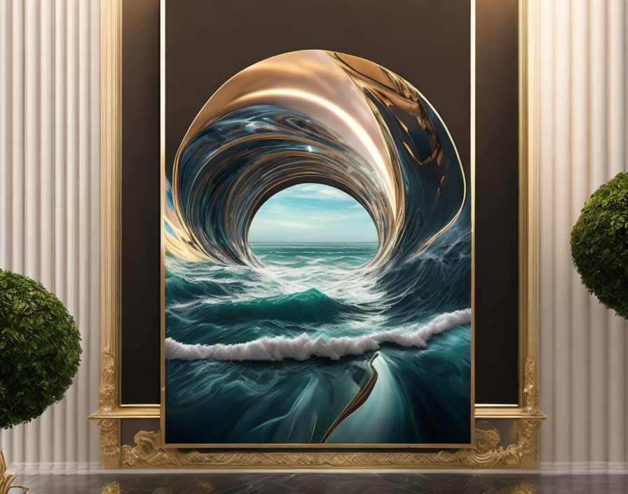 Hyperrealistic Painting of Curling Ocean Wave in Ornate Frame with Sculpted Bushes