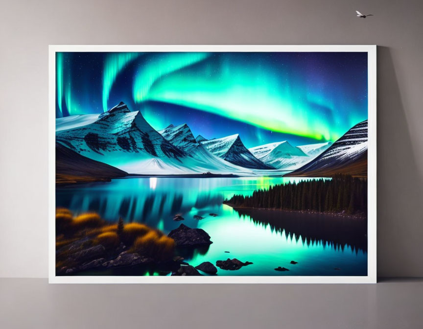 Aurora Borealis Canvas Print: Mountain Landscape with Lake & Pine Trees