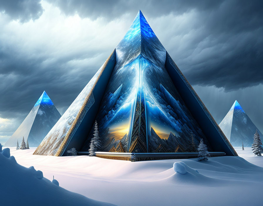 Futuristic snowy landscape with illuminated pyramid structures