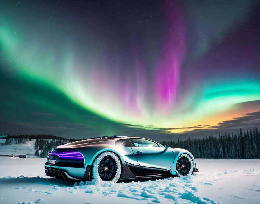 Luxury car on snowy terrain under Northern Lights