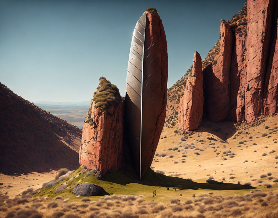 Futuristic metallic structure among red rock formations in desert landscape