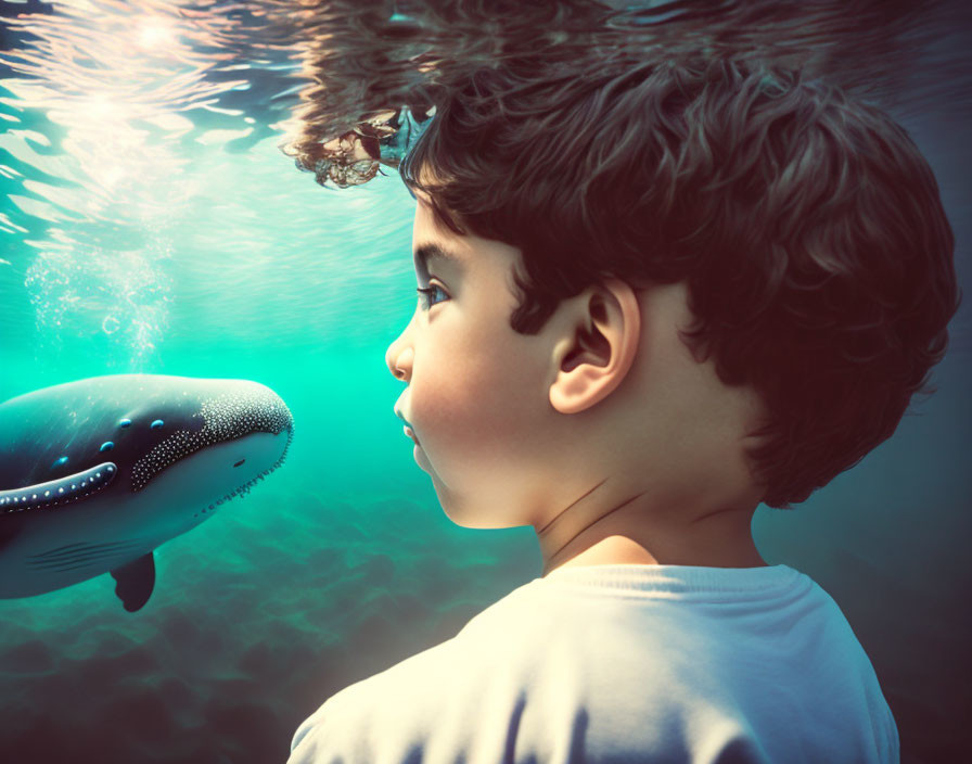 Curly-Haired Child Encounters Whale Underwater