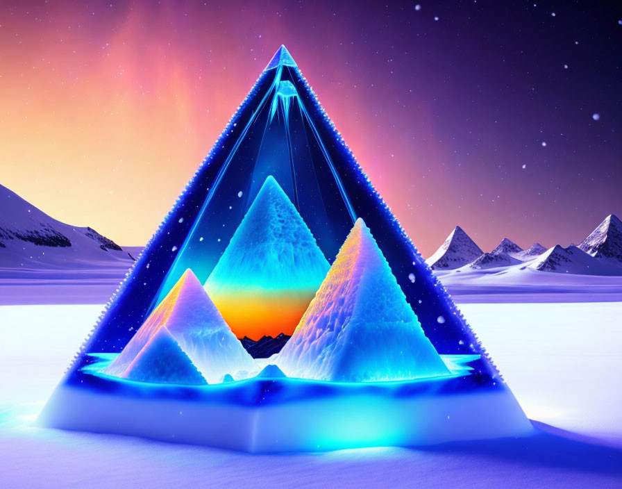 Colorful digital artwork: Luminous pyramid in arctic twilight