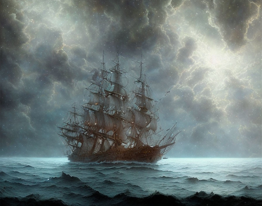 Large sailing ship navigating stormy seas at night.