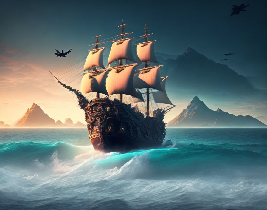 Sailing ship with multiple sails on turbulent ocean waves at sunset