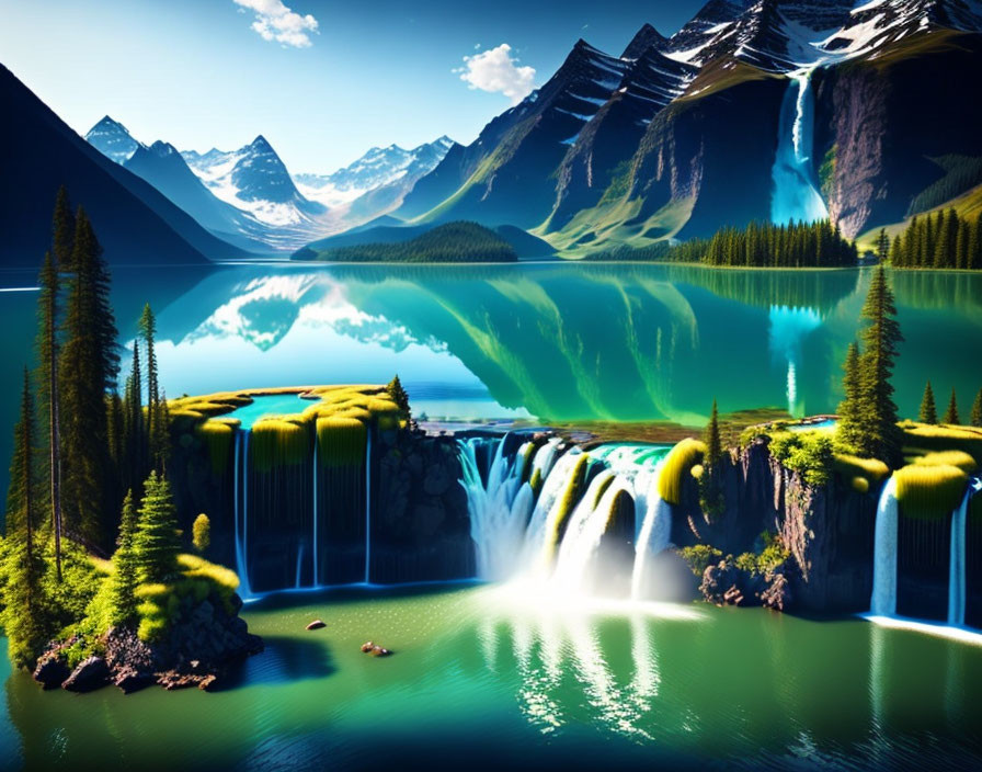 Tranquil landscape with waterfall, lake, greenery, and mountains