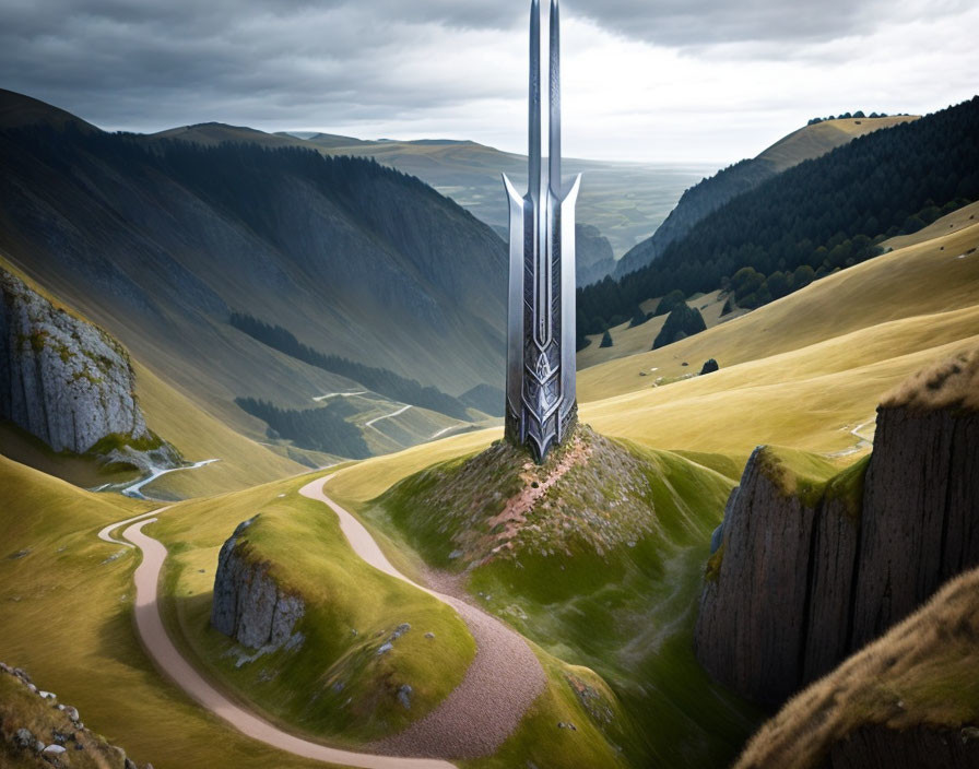 Futuristic tower in grassy valley with stormy sky