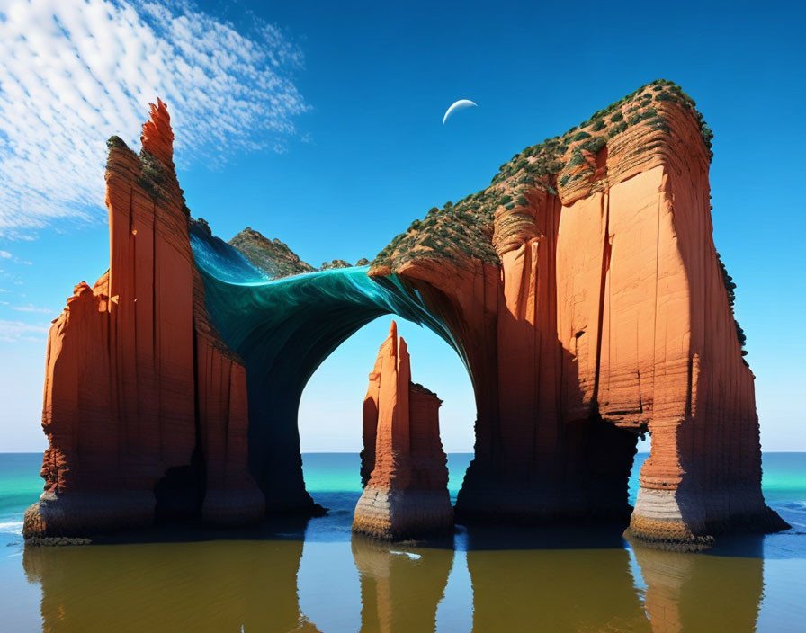 Tranquil seaside view with large red rock arch, crescent moon, and reflective water