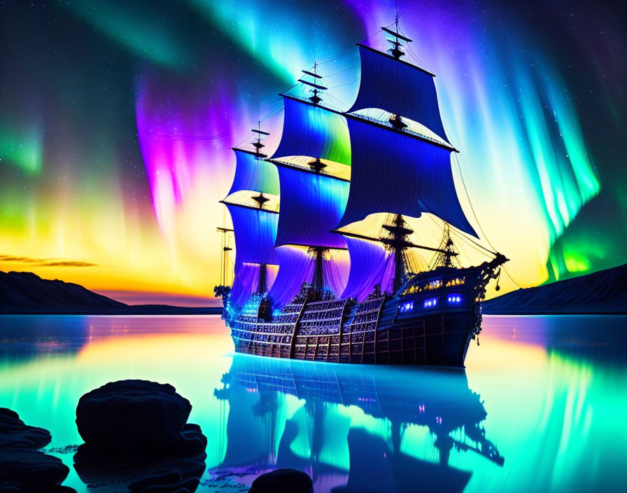 Sailing ship with full sails under vibrant aurora borealis