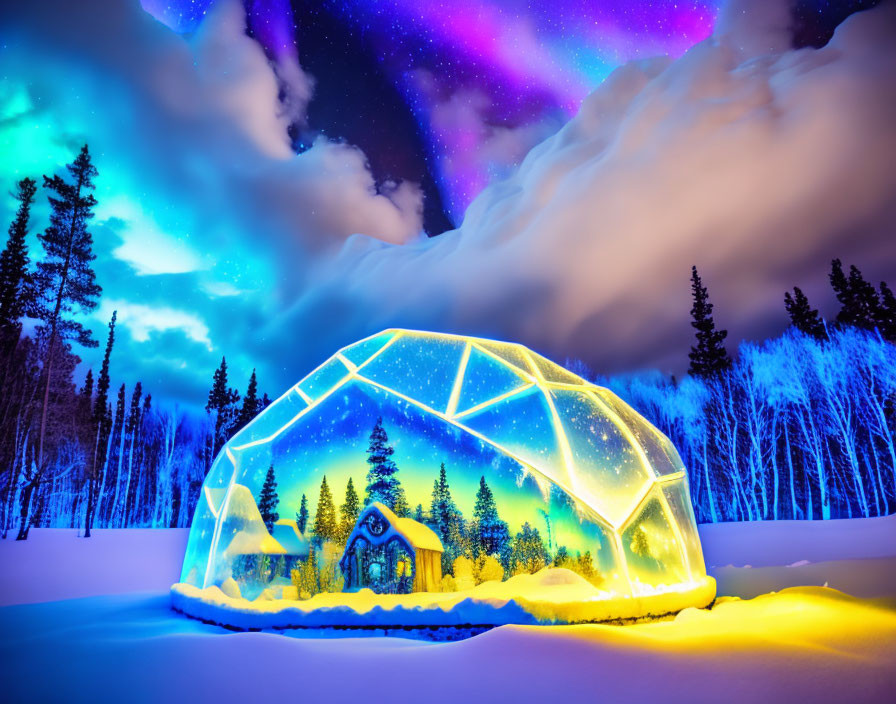 Northern Lights shine over geodesic dome in snowy forest