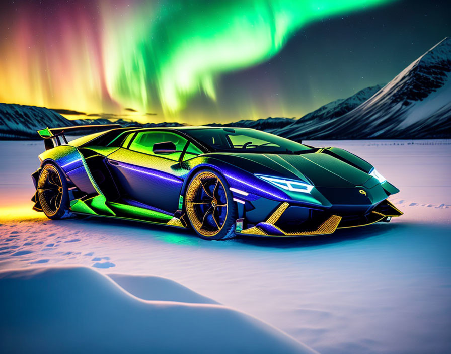 Luxury sports car in blue and green with golden details on snowy landscape under aurora sky