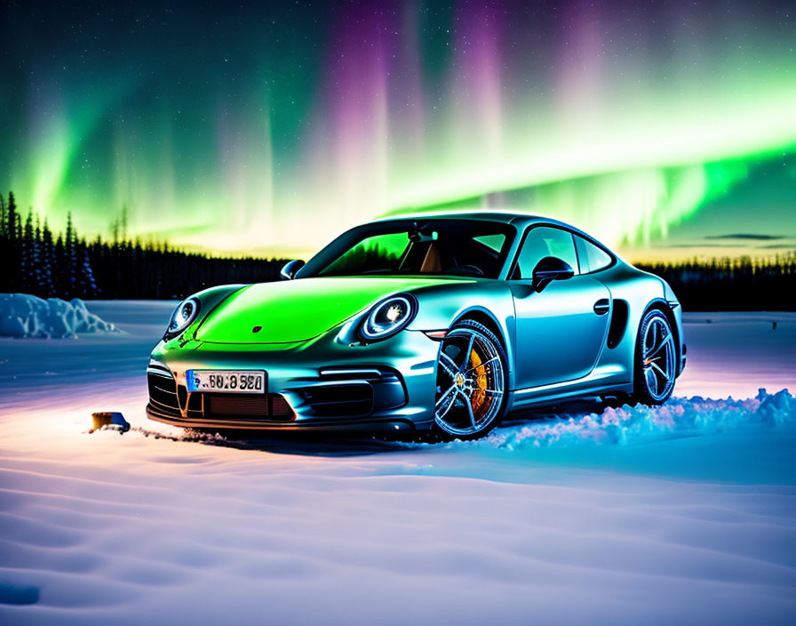 Neon Green Porsche 911 in Snowy Night Landscape