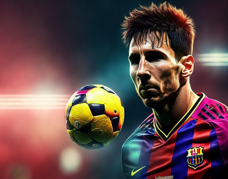 Soccer player in Barcelona jersey with vibrant colors and motion emphasis