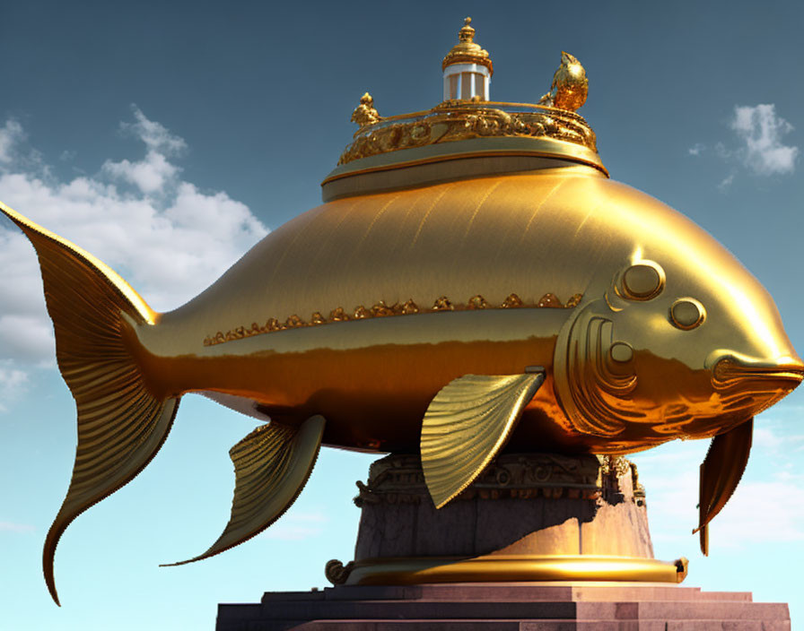 Ornate goldfish digital art with golden textures & architectural elements