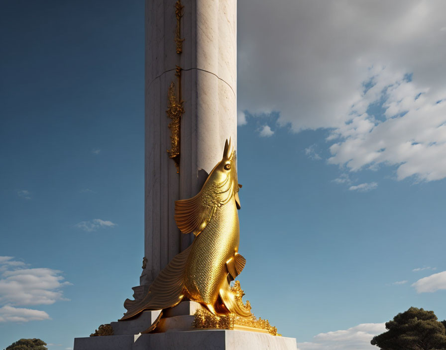 Intricate Golden Fish Sculpture on Tall Column with Blue Sky