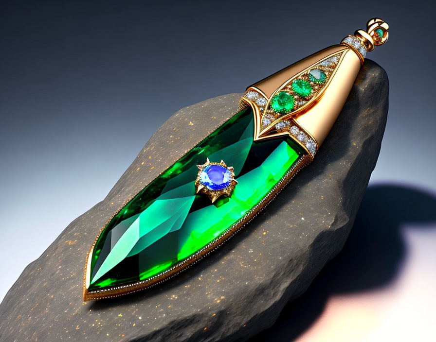 Luxurious jeweled pen with green emerald and blue sapphire on dark stone surface