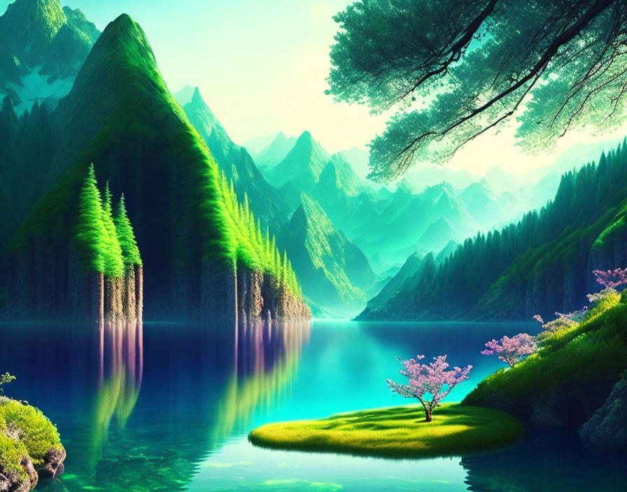 Scenic digital landscape of tranquil lake and lush mountains