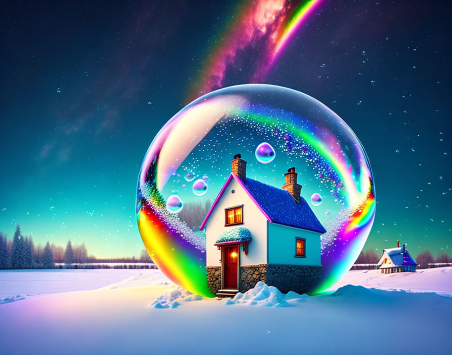 Snow-covered house in bubble under Northern Lights