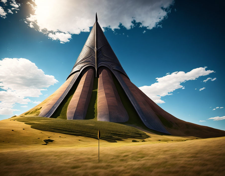 Futuristic tower with spire top in grassy hill landscape