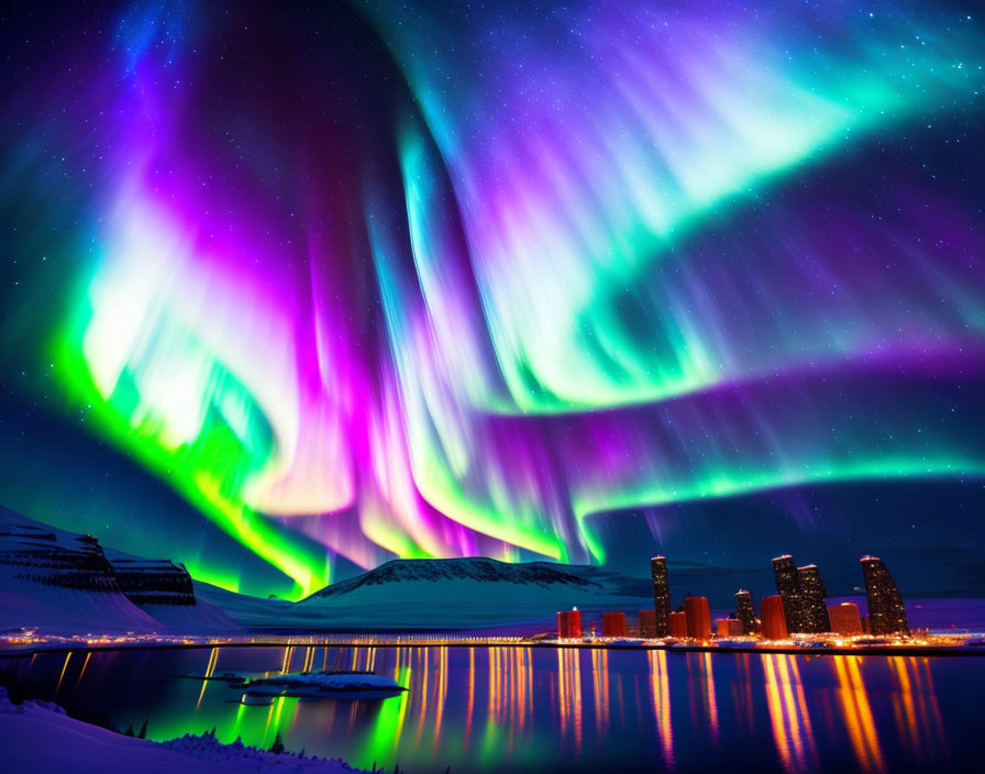 Northern Lights over Snowy Mountains, Lake, and Cityscape at Night