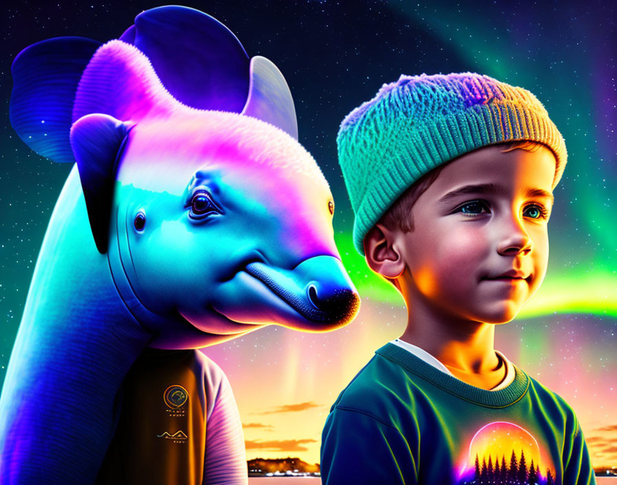 Smiling boy in beanie next to colorful dolphin illustration at sunset