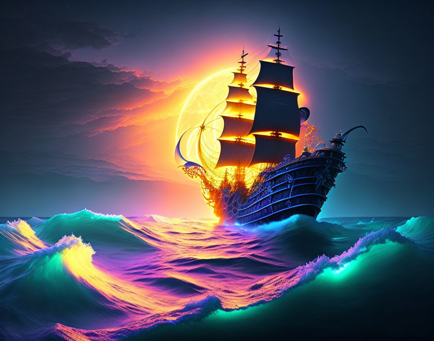 Digital artwork: Sailing ship with illuminated sails on glowing ocean at sunset.