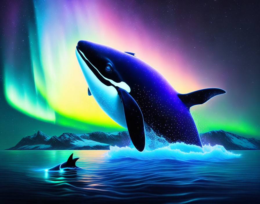 Whale leaping from ocean with aurora borealis backdrop