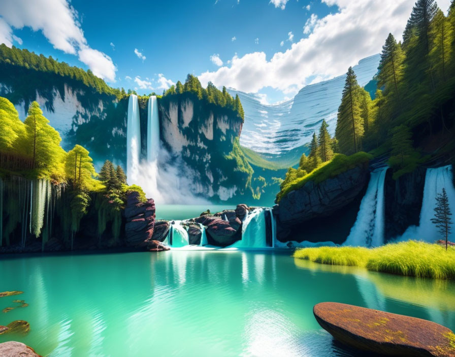 Majestic waterfall cascading into turquoise lake surrounded by lush greenery