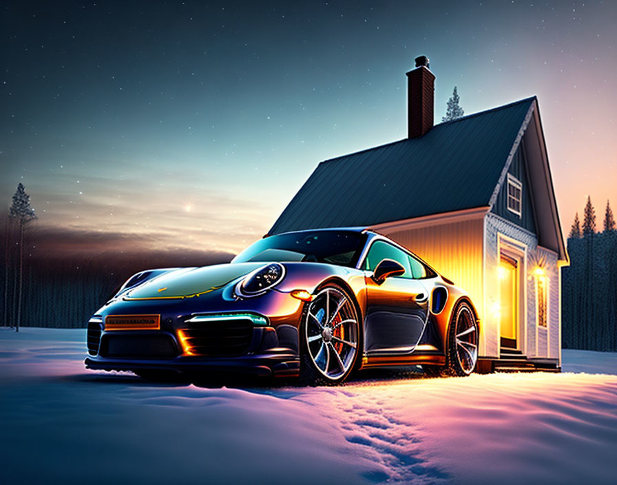 Luxury sports car beside snowy cabin under starry sky