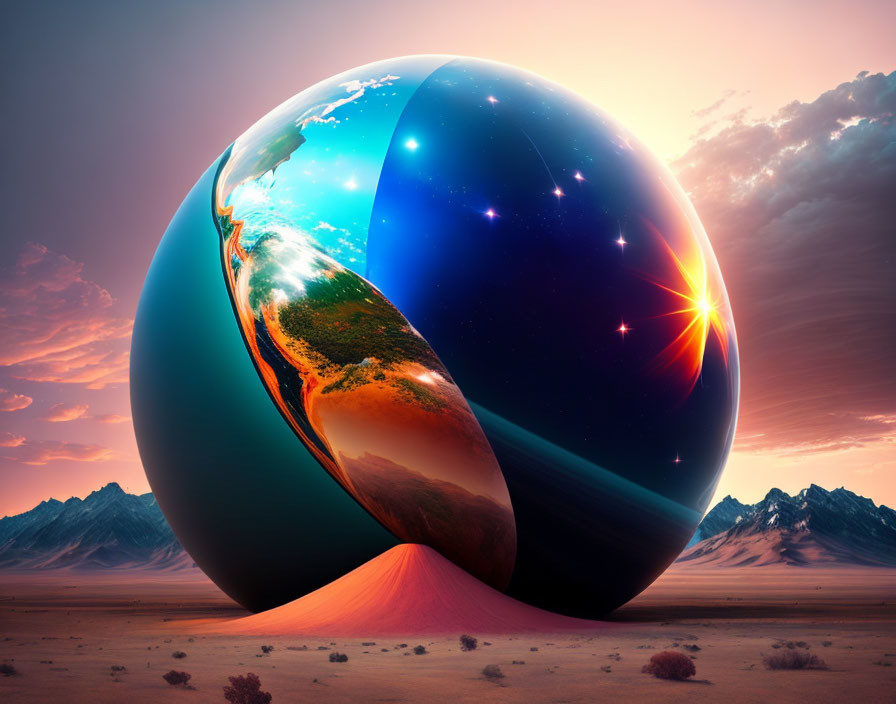 Digital artwork: Earth transformed into twisted sphere with day-night contrast on desert backdrop.