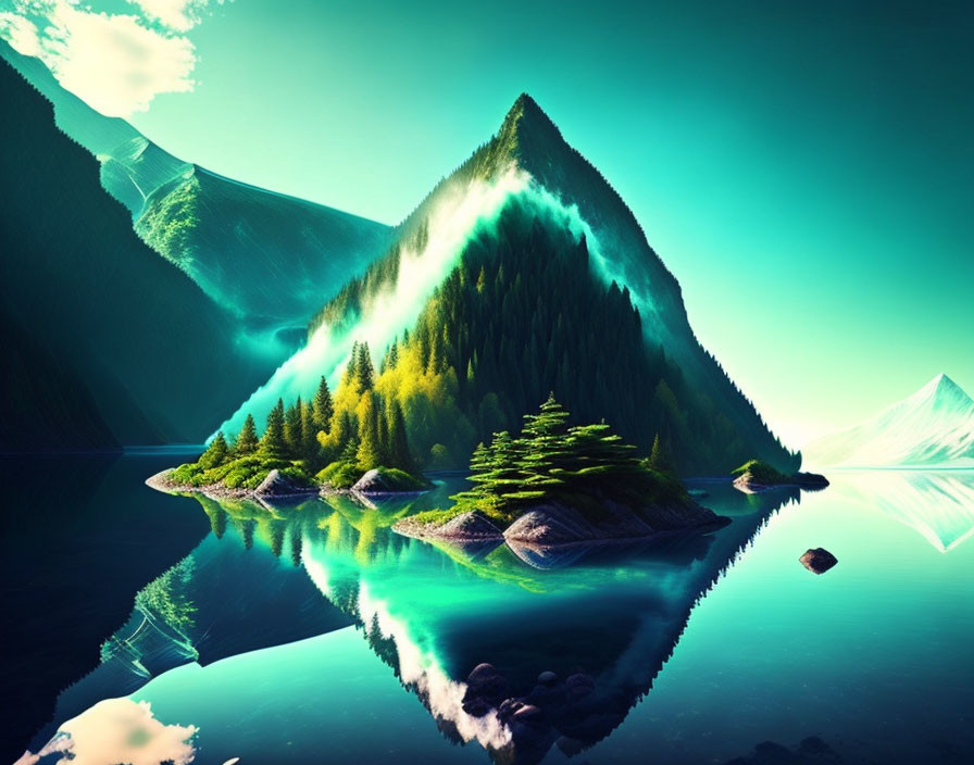 Tranquil lake mirroring lush green mountain and clear sky