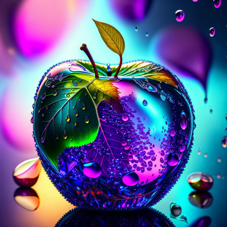 Colorful digital image of glossy apple with water droplets and green leaf on vibrant bokeh background