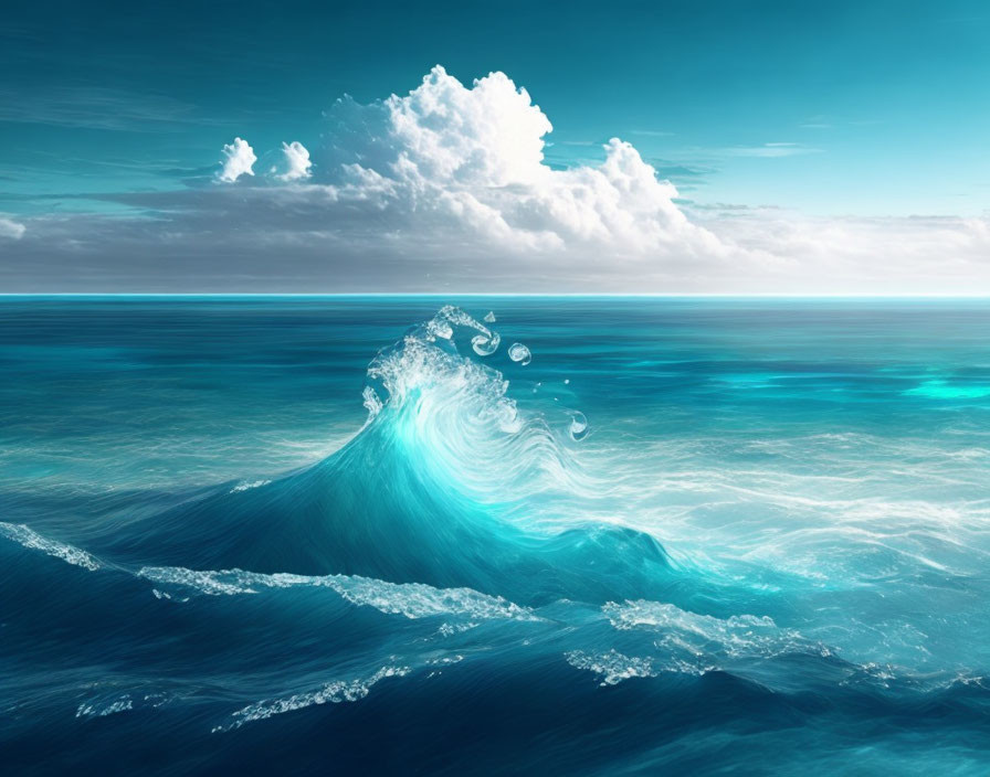 Tranquil ocean scene with curled wave under clear sky