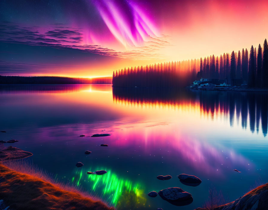 Vibrant aurora over calm lake at sunset with forested shoreline