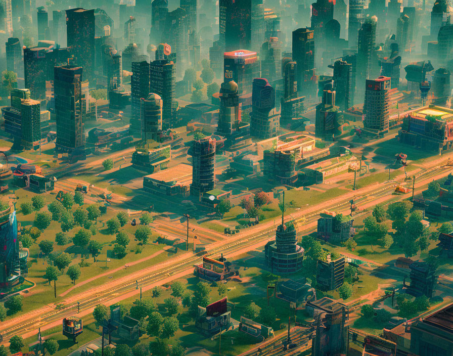 Futuristic cityscape at dawn: skyscrapers, greenery, roads, warm golden light