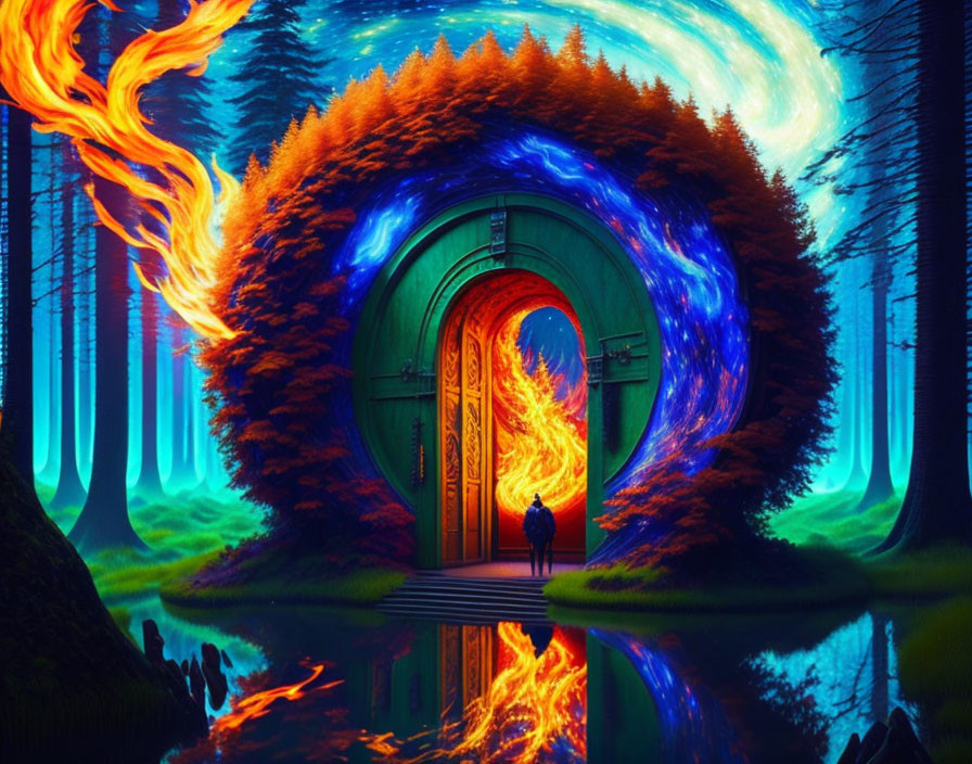 Person standing in front of large fiery circular doorway in mystical forest with ethereal blue light