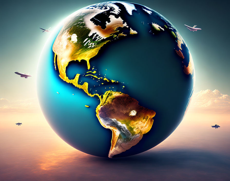 Stylized Earth image with exaggerated texture and airplanes in sunset sky