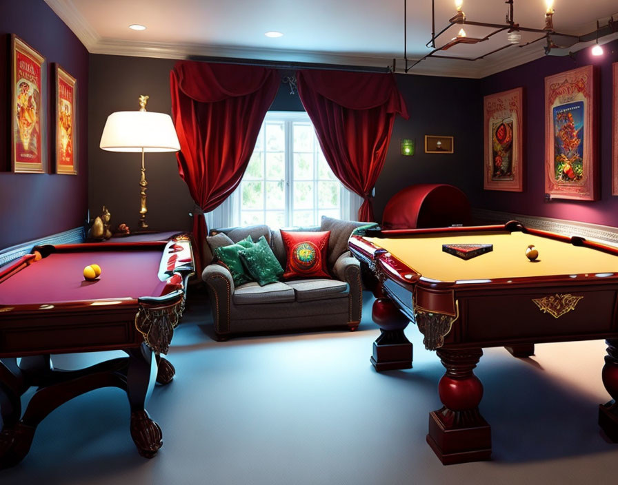 Luxurious game room with billiards table, elegant sofa, decorative pillows, ornate lamps, framed