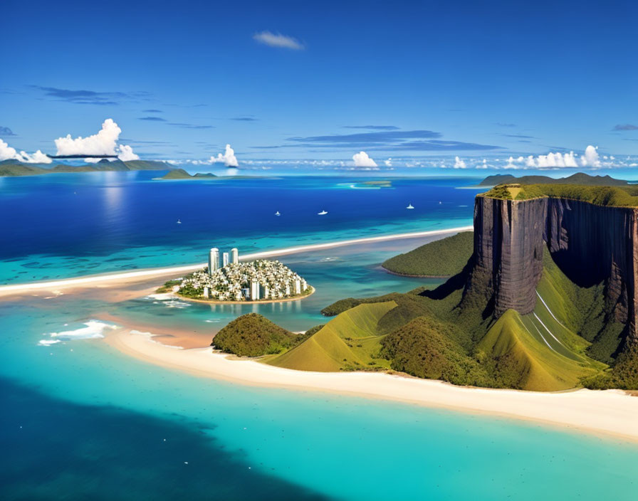 Tropical landscape with towering cliff, beach, blue water, green islands, cityscape