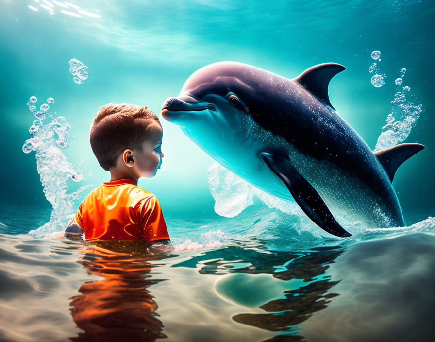 Boy in orange shirt underwater with dolphin in a moment of connection