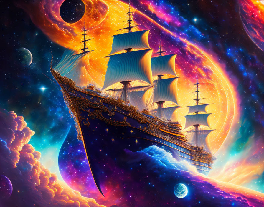 Fantastical classic sailing ship in cosmic sky.