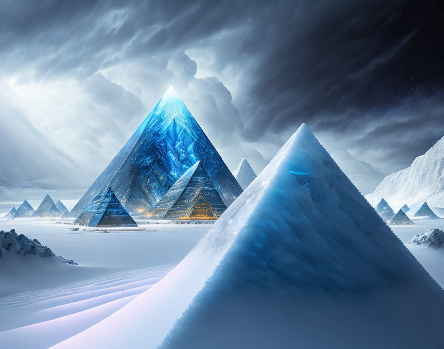 Futuristic landscape with luminous crystalline pyramids at night