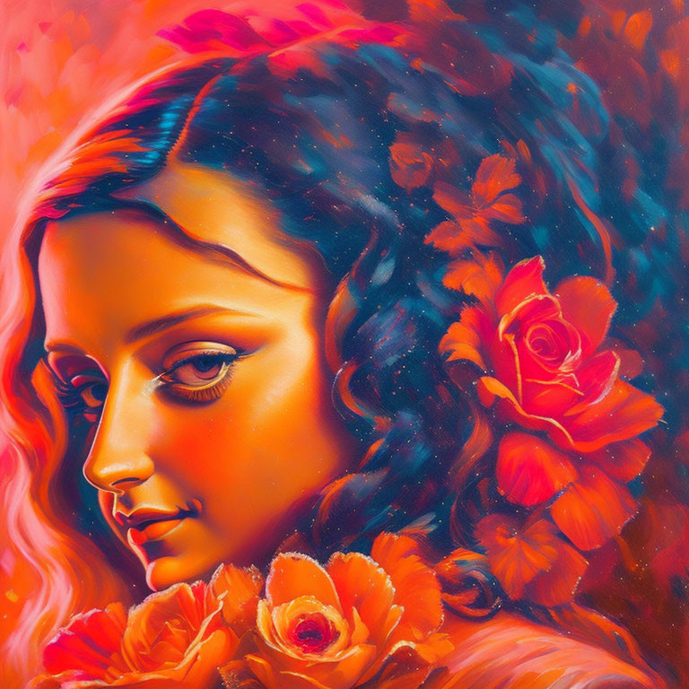 Colorful painting of woman with flowers and rose in warm hues