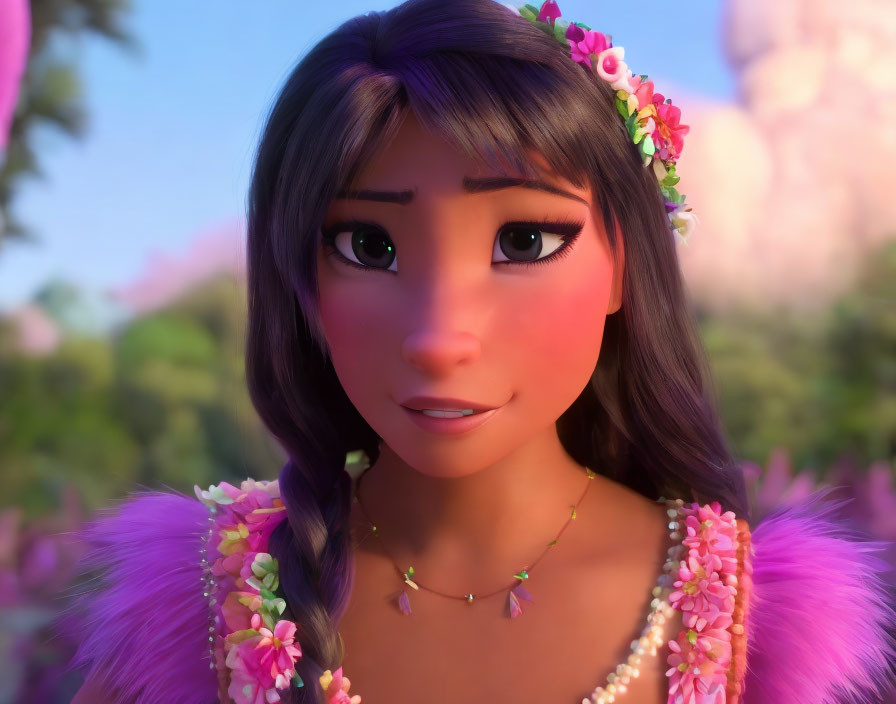 Animated young woman wearing a floral crown and pink feathery outfit