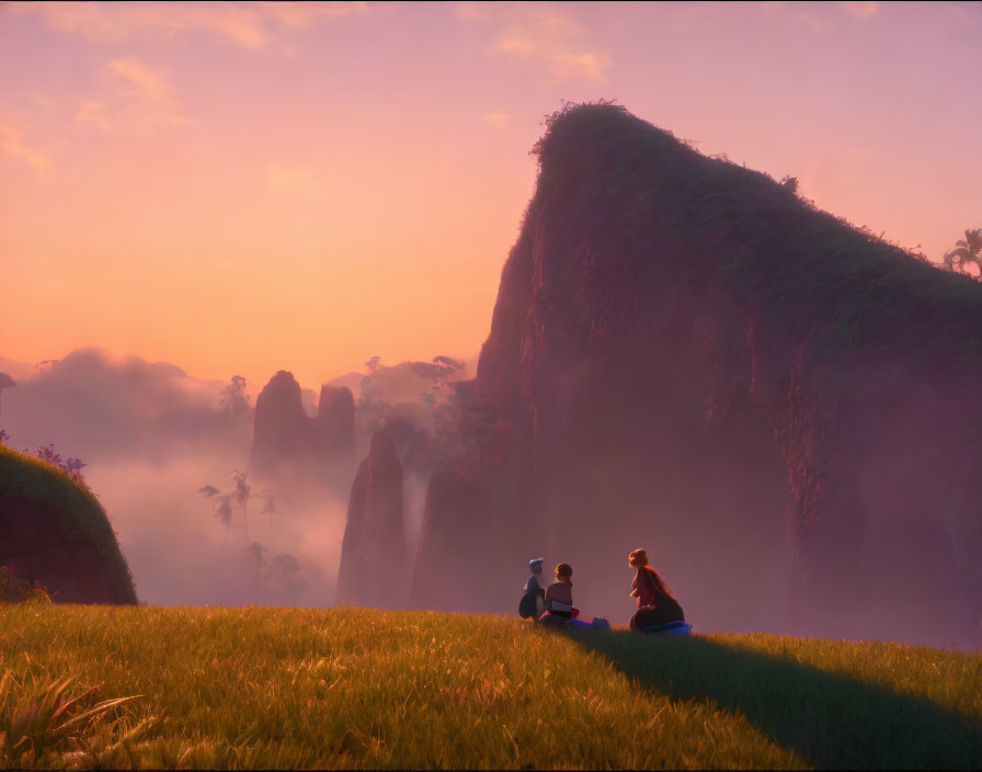 Animated characters on grassy cliff overlooking misty valley at sunrise