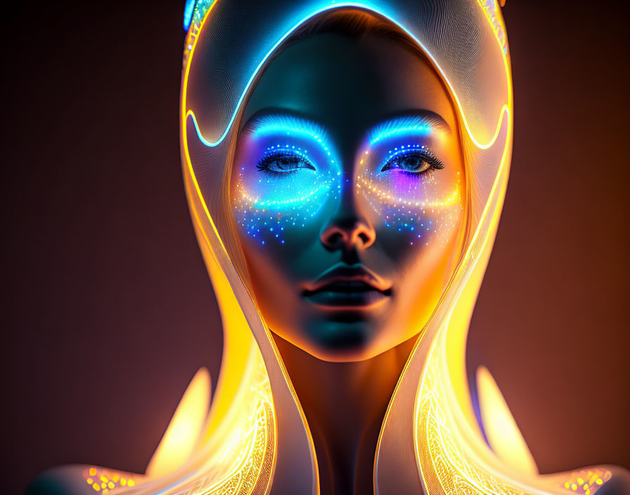 Neon face paint woman with futuristic headpiece on warm background