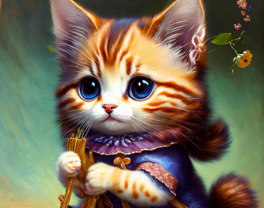 Orange-and-White Kitten in Blue Outfit with Broom on Green Background